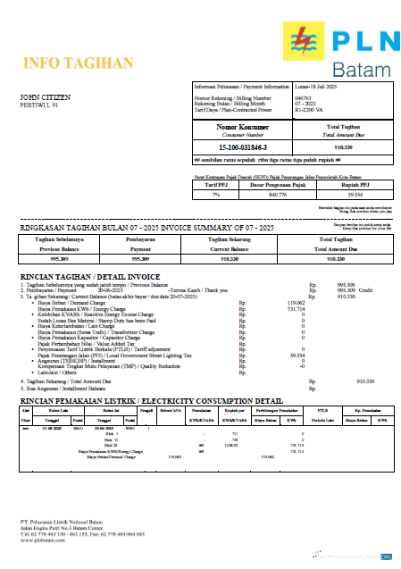 download download Indonesia PLN Batam utility bill template in Word and PDF formats PDF template PDF template